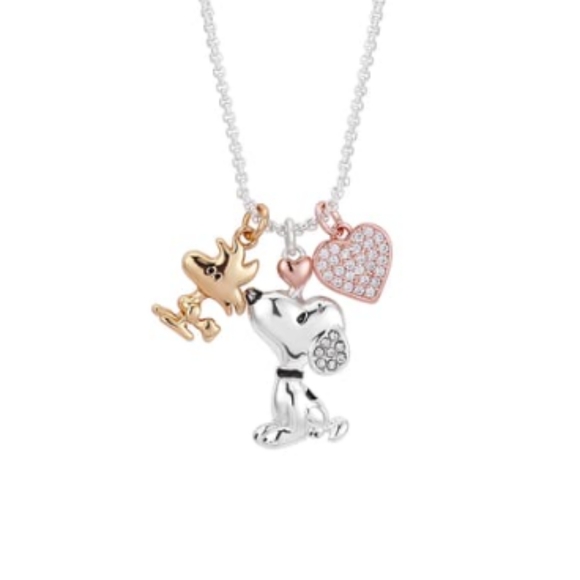 NEW Peanuts Tri-Tone Crystal Snoopy, Woodstock & Heart Charm Pendant Necklace - Picture 5 of 16